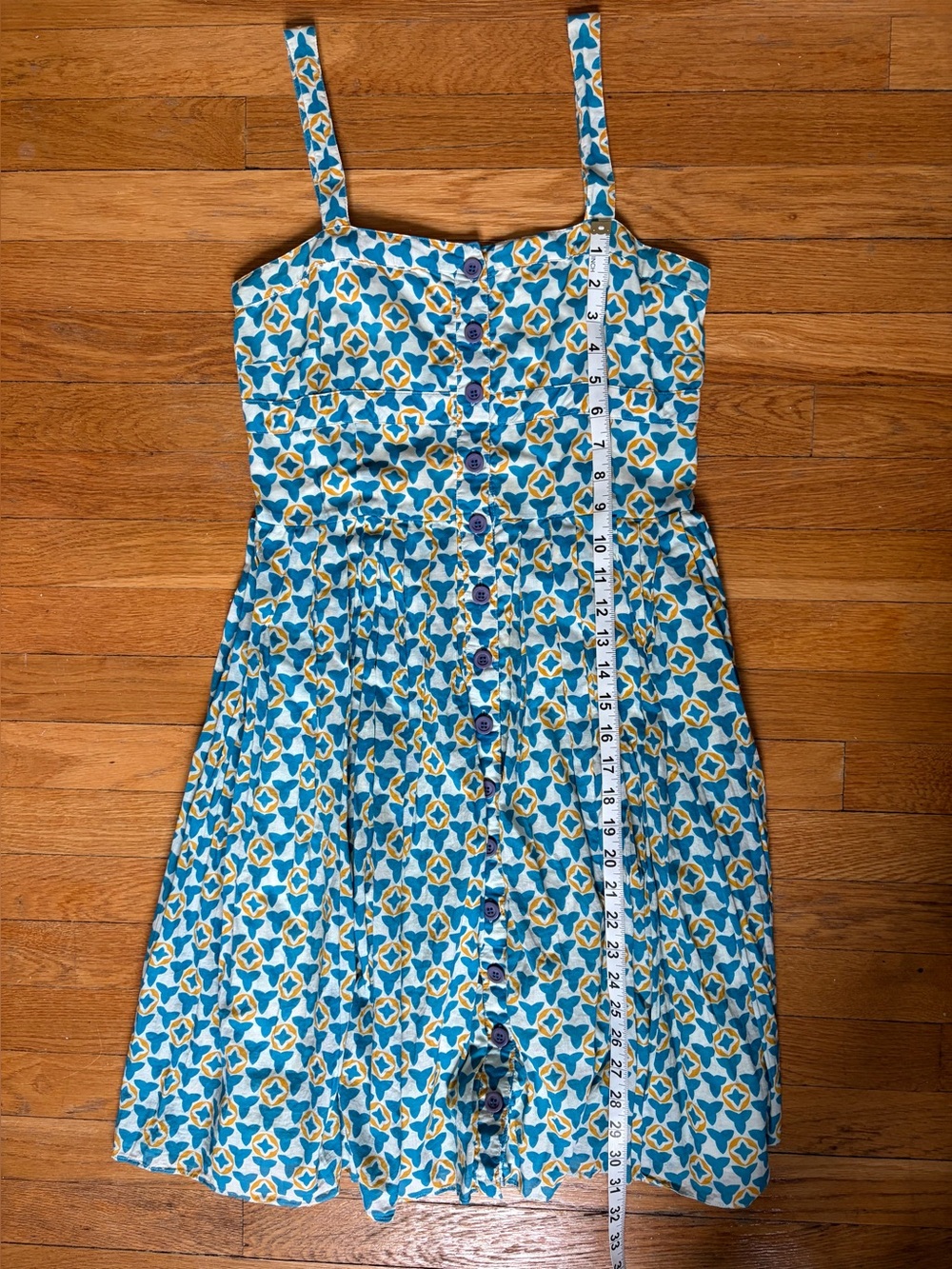 Tory Burch turquoise purple geometric pattern 100% cotton pleated summer dress
